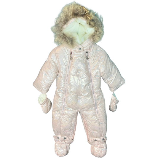 Girls Baby Winter Snowsuit with Natural Fur | Iridescent Pearl Finish | Mittens & Booties | Double Zipper | 68–86 cm (6–18 Months) | –25 °C / –13 °F Without Layering, –35 °C / –31 °F With Layering