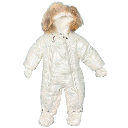Girls Baby Winter Snowsuit with Natural Fur | Iridescent Pearl Finish | Mittens & Booties | Double Zipper | 68–86 cm (6–18 Months) | –25 °C / –13 °F Without Layering, –35 °C / –31 °F With Layering