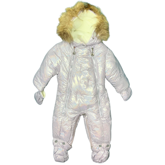 Girls Baby Winter Snowsuit with Natural Fur | Iridescent Pearl Finish | Mittens & Booties | Double Zipper | 68–86 cm (6–18 Months) | –25 °C / –13 °F Without Layering, –35 °C / –31 °F With Layering