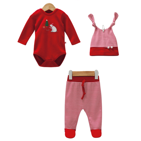 8448 Caramell | Unisex New Year 3-Piece Baby Set | Red Bodysuit, Striped Footed Pants & Hat | 0–9 Months | 100% Cotton | Made in Turkey
