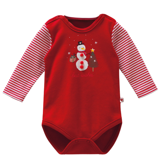 8449 Caramell | Unisex Christmas Bodysuit with Snowman & Striped Sleeves | Red | 0–9 Months | 100% Cotton | Made in Turkey