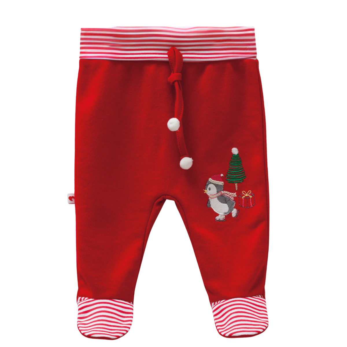 8450 Caramell | Unisex Christmas Footed Pants with Penguin Embroidery | Red | 0–9 Months | 100% Cotton | Made in Turkey