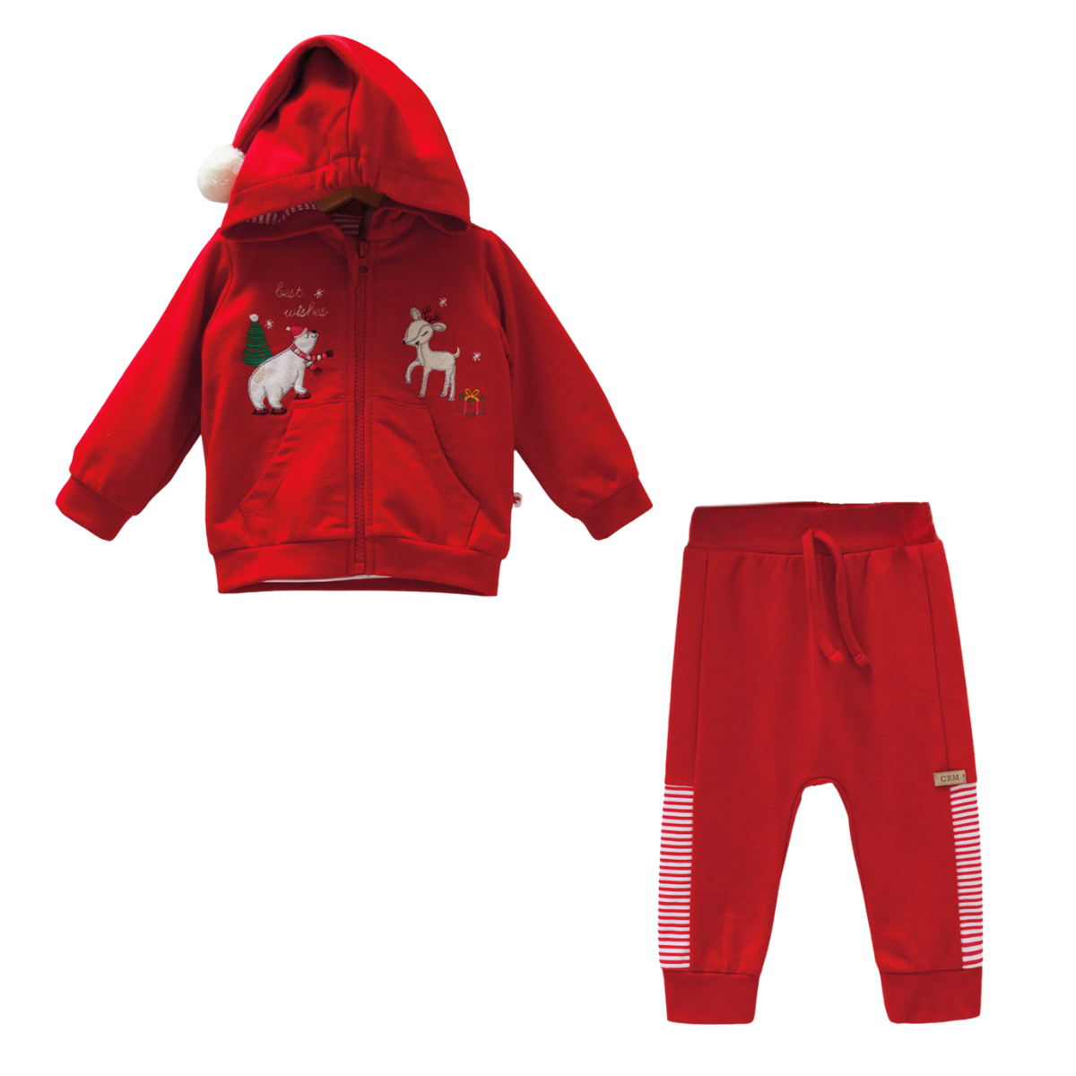 8447 Caramell | Unisex Christmas 3-Piece Baby Set | Red Hoodie, Striped Top & Pants | 3–18 Months | 100% Cotton | Made in Turkey