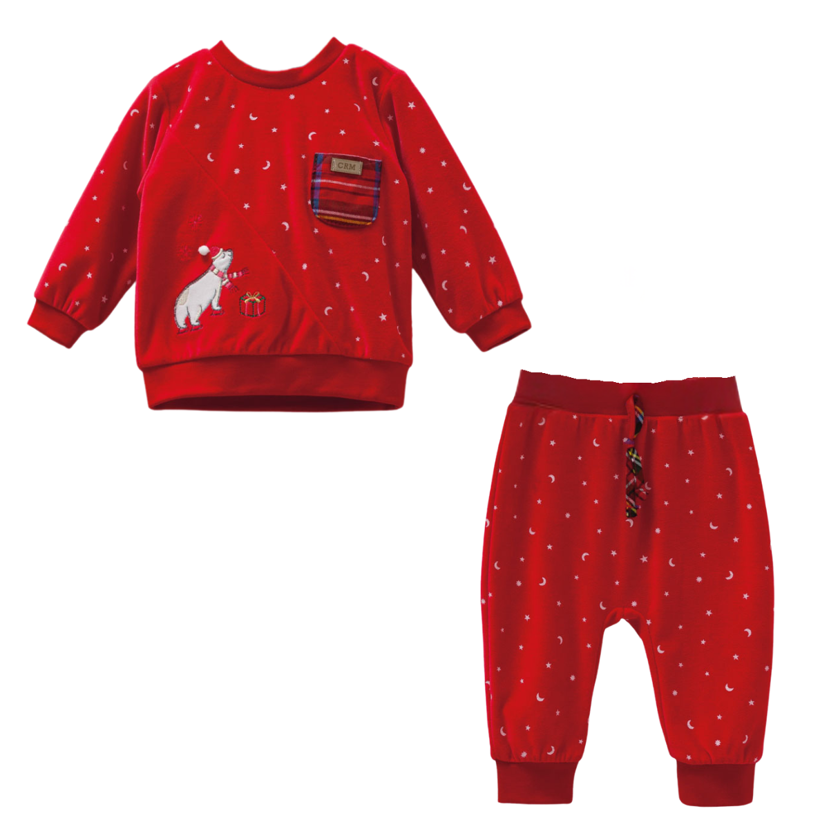 8456 Caramell | Unisex Christmas 2-Piece Baby Set | Red Sweatshirt with Embroidery & Star Print Pants | 0–12 Months | 100% Cotton | Made in Turkey