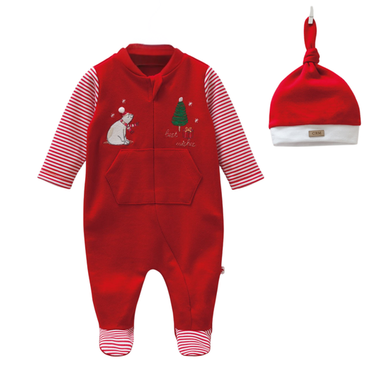 8445 Caramell | Unisex Christmas 2-Piece Baby Set | Red Footed Jumpsuit with Striped Sleeves & Hat | 0–9 Months | 100% Cotton | Made in Turkey