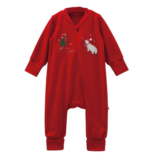 8455 Caramell | Unisex Christmas 2-Piece Baby Set | Red Footed Sleepsuit with Plaid Details & Snowman Hat | 0–6 Months | 100% Cotton | Made in Turkey