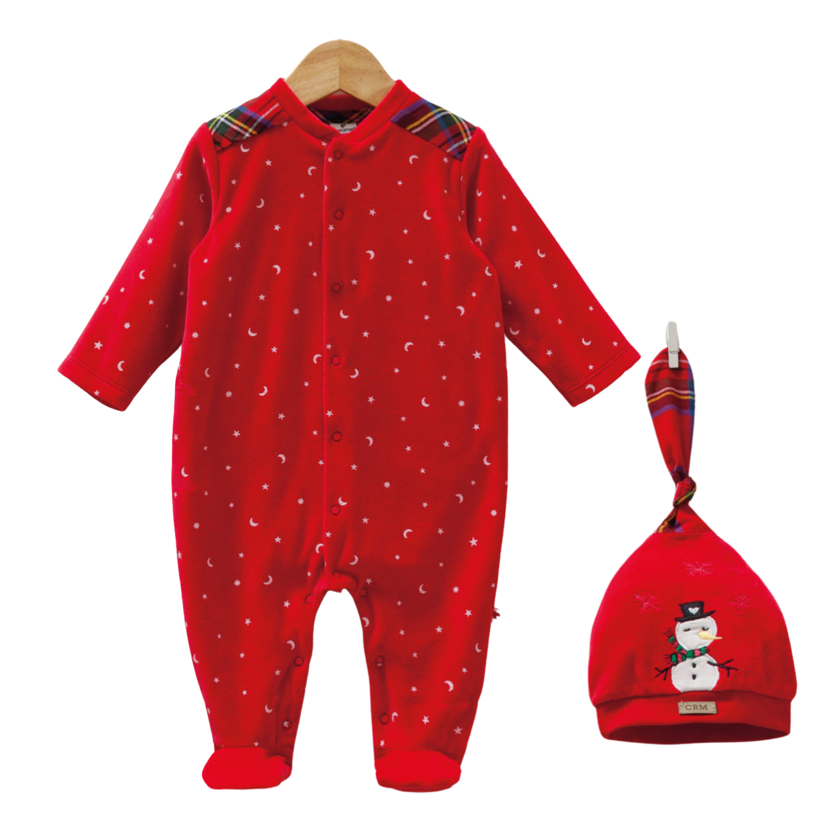 8455 Caramell | Unisex Christmas 2-Piece Baby Set | Red Footed Sleepsuit with Plaid Details & Snowman Hat | 0–6 Months | 100% Cotton | Made in Turkey