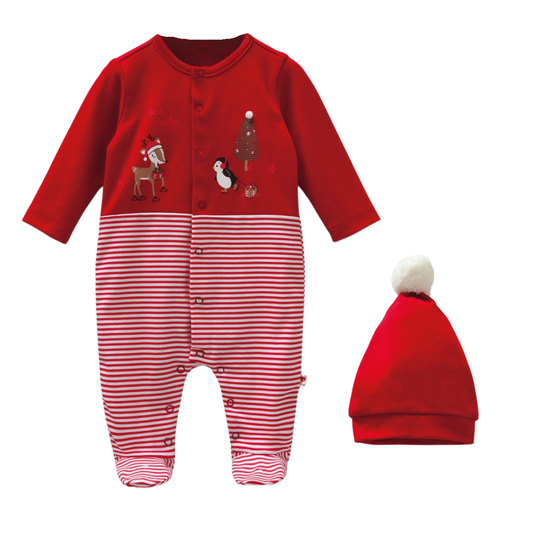 8446 Caramell | Unisex Christmas 2-Piece Baby Set | Red Striped Footed Sleepsuit & Pom-Pom Hat | 0–9 Months | 100% Cotton | Made in Turkey