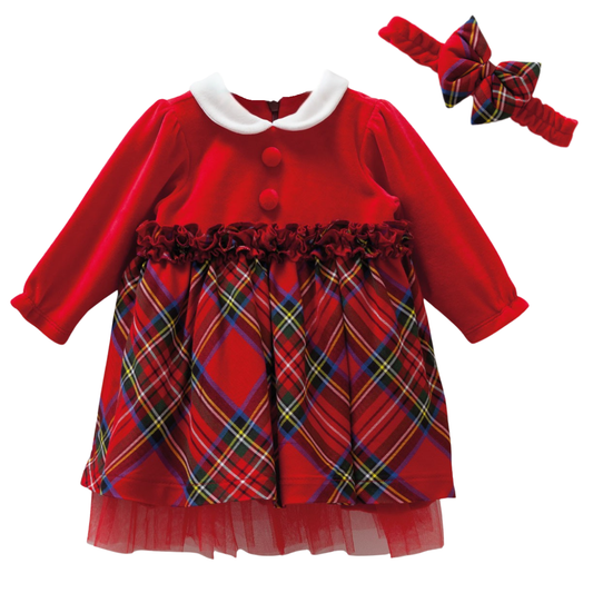 8459 Caramell | Baby Girls Christmas Dress with Headband | Red Velvet Top & Plaid Skirt | 3–18 Months | Made in Turkey