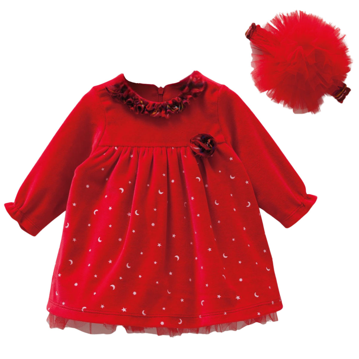 8457 Caramell | Baby Girls Christmas Dress with Tulle Headband | Red Velvet & Star Print | 0–12 Months | Made in Turkey
