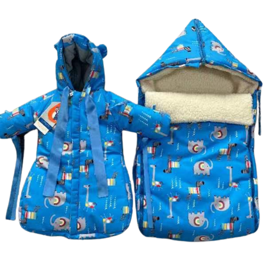 803 Warm Winter Set for Baby Boys | Stroller Set: Sleeping Bag + Jumpsuit | Safari Animals Print | Faux Fur & Fleece Lining | From +5°C to −30°C (41°F to −22°F)