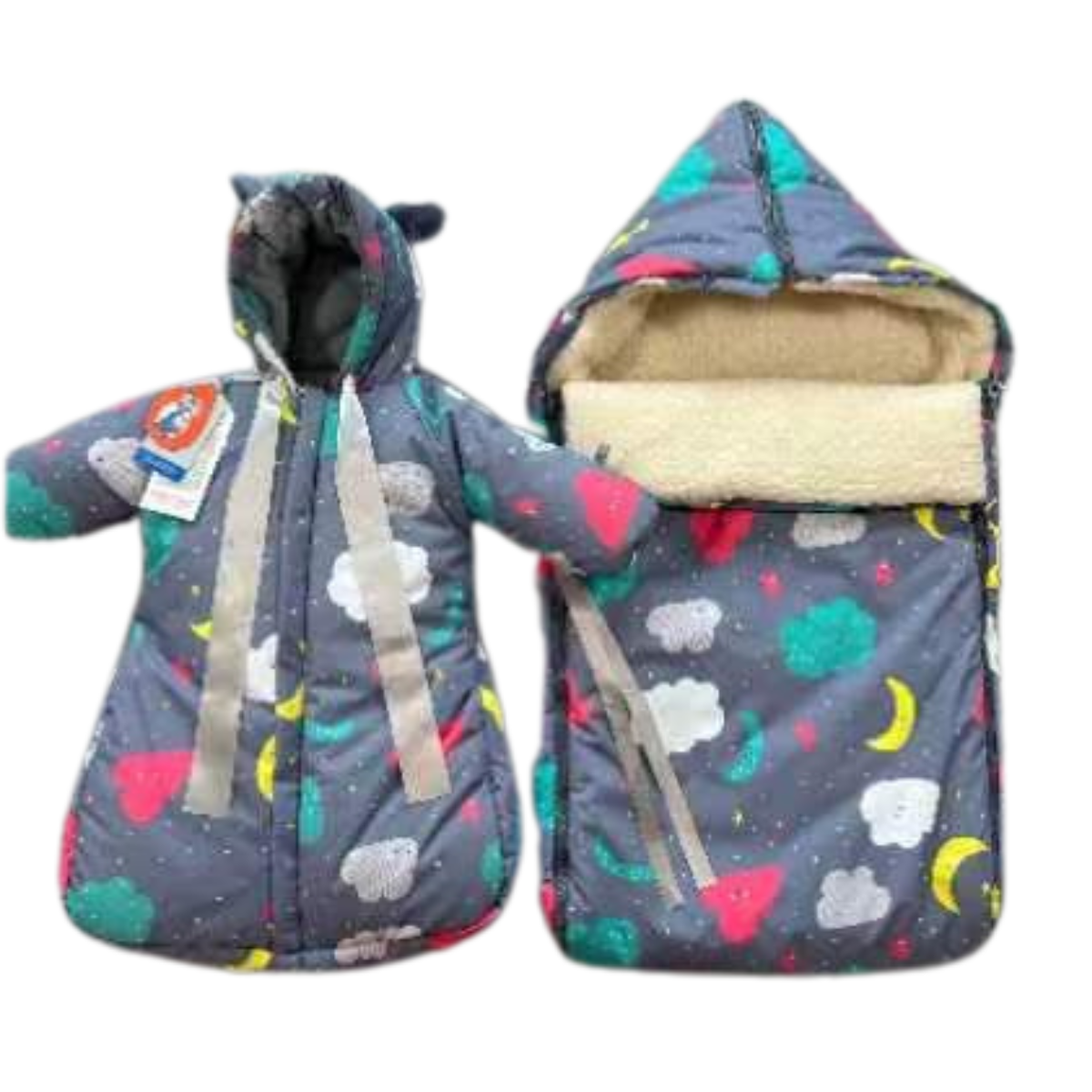 802 Warm Winter Set for Baby Girls | Stroller Set: Sleeping Bag + Jumpsuit | Dreamy Clouds & Moon Print | Faux Fur & Fleece Lining | From +5°C to −30°C (41°F to −22°F)