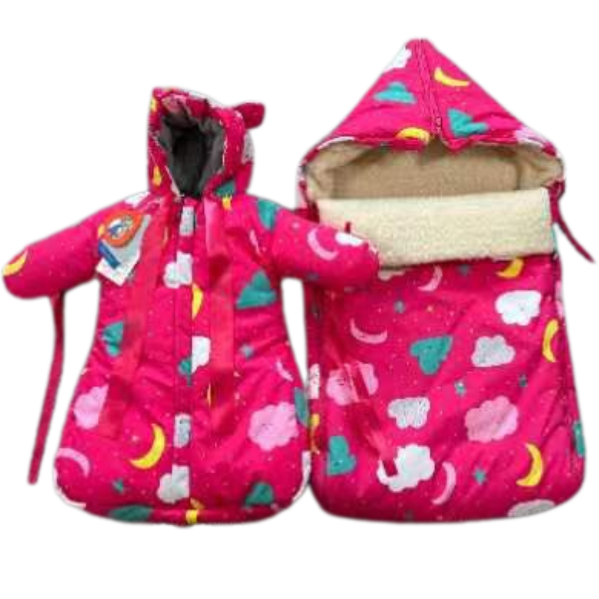 802 Warm Winter Set for Baby Girls | Stroller Set: Sleeping Bag + Jumpsuit | Dreamy Clouds & Moon Print | Faux Fur & Fleece Lining | From +5°C to −30°C (41°F to −22°F)