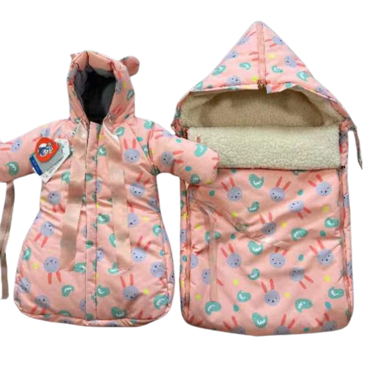 801 Warm Winter Set for Baby Girls | Stroller Set: Sleeping Bag + Jumpsuit | Cute Bunny Faces Print | Faux Fur & Fleece Lining | From +5°C to −30°C (41°F to −22°F)