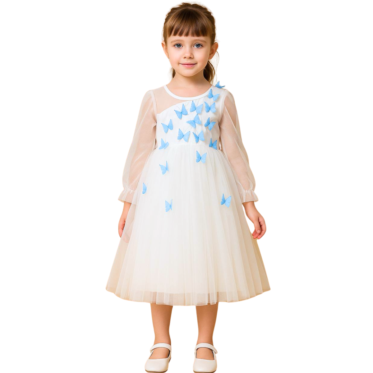 2324913 Girls Butterfly Tulle Dress | Rodeng | Ages 4–7 | White Party Dress with 3D Butterflies | 100% Cotton Lining