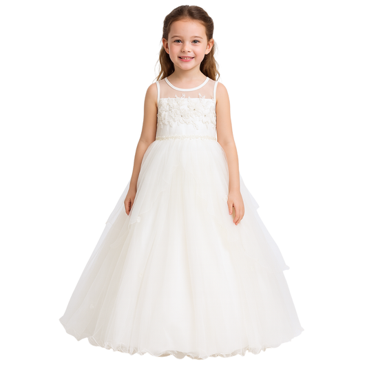 8224 Rodeng | White Princess Gown with 100% Cotton Lining & Pearl-Crystal Waistband | Girls Sizes 100–140 cm (3-10 Years) | Floral Lace Bodice & Multi-Layer Tulle Skirt