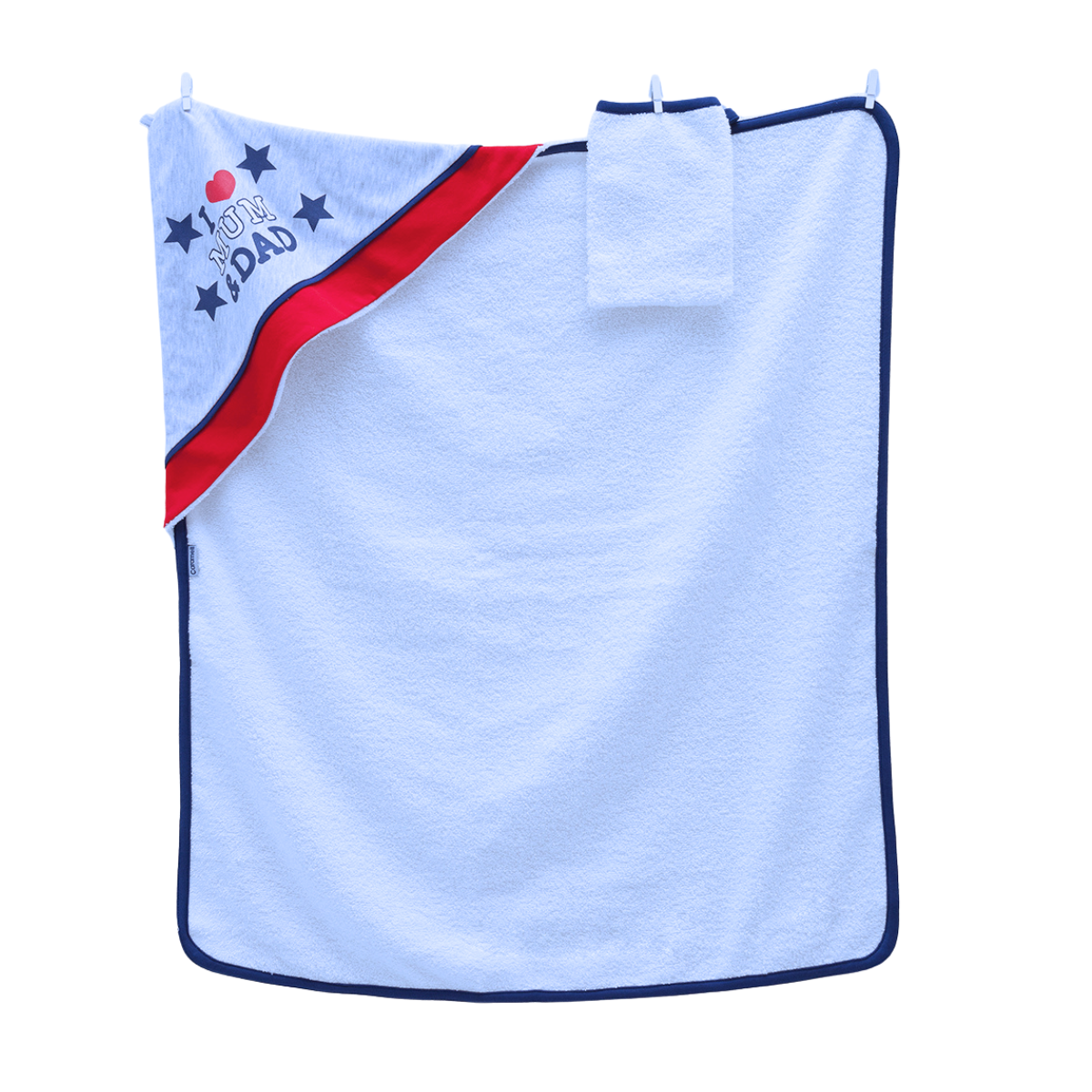 7771 Boys' Towel with Corner Hood & Bathing Mitt - "Mom/Dad" Design | 100% Cotton