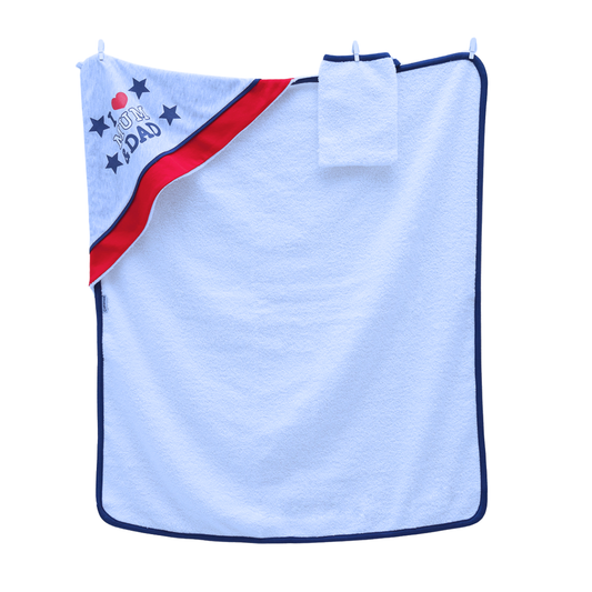 7771 Boys' Towel with Corner Hood & Bathing Mitt - "Mom/Dad" Design | 100% Cotton