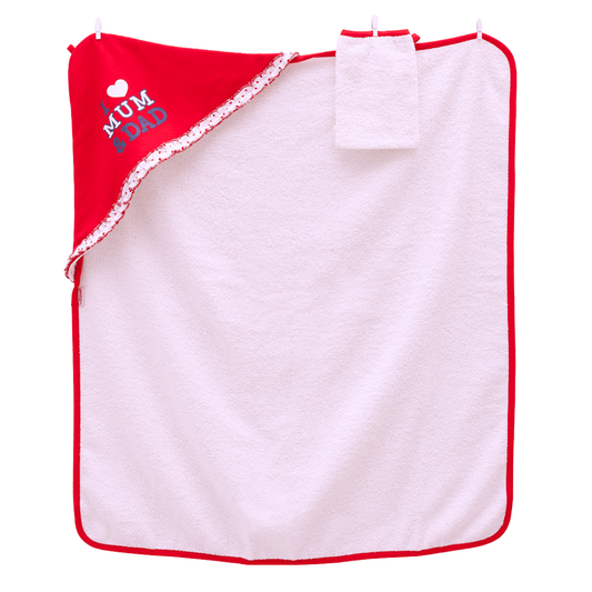 7683 Girls' Towel with Corner Hood & Bathing Mitt - "Mom/Dad" Design | 100% Cotton