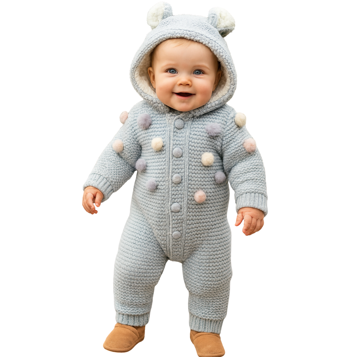 7043 Knitted Baby Girl Jumpsuit with Plush Lining and Pom-Poms | Made in Turkey