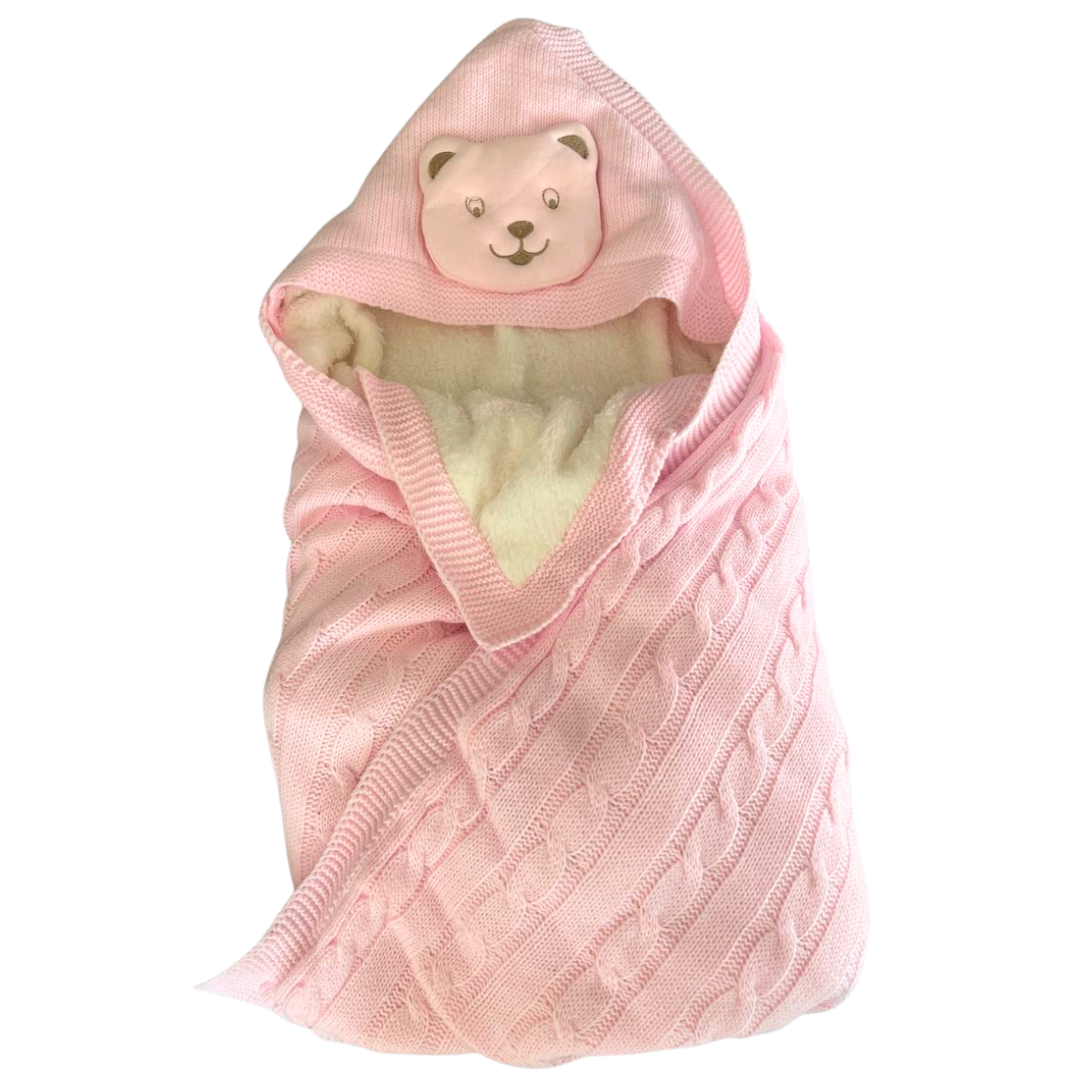 69065 Baby Girl Knitted Swaddle Wrap with Plush Lining & Bear Hood | Pink | Turkey