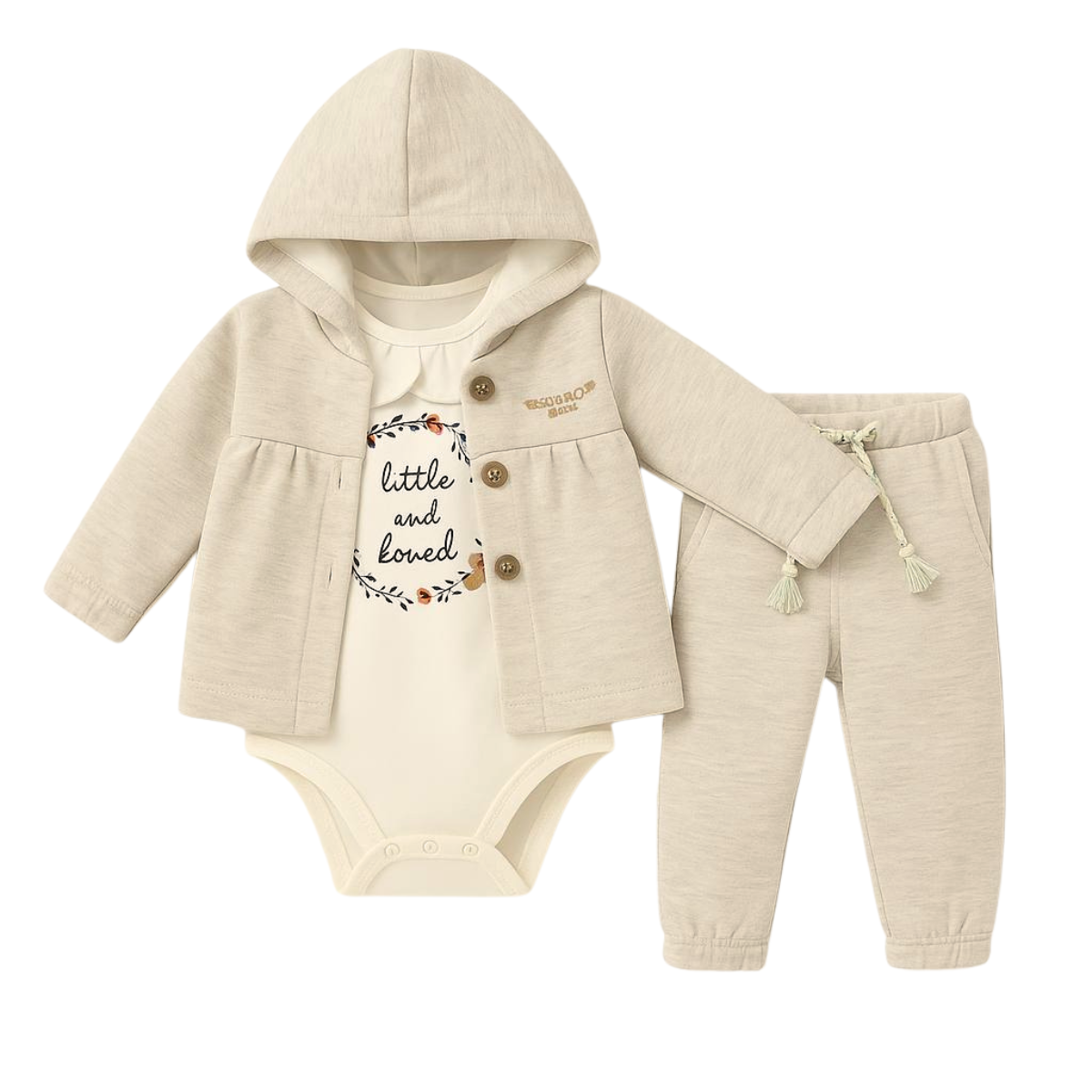 2815 3-Piece Warm Set for Baby Girls — Fleece-Lined Hooded Button Jacket, Fleece-Lined Pants & 100% Cotton Bodysuit | 6–24 Months | Turkey