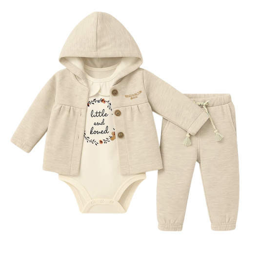 2815 3-Piece Warm Set for Baby Girls — Fleece-Lined Hooded Button Jacket, Fleece-Lined Pants & 100% Cotton Bodysuit | 6–24 Months | Turkey