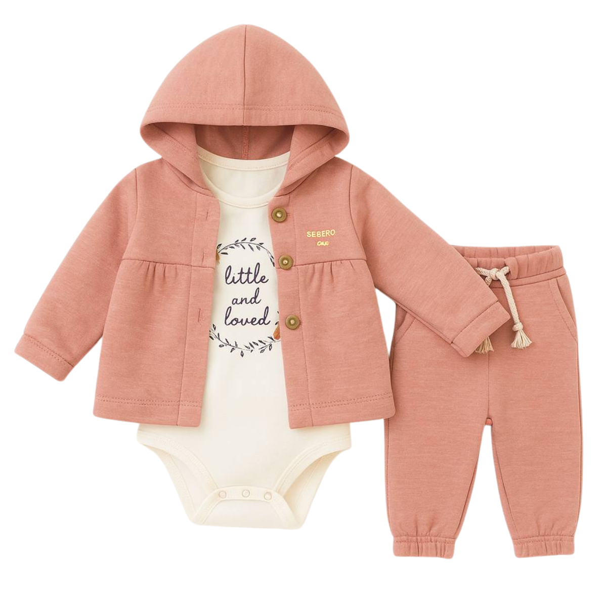 2815 3-Piece Warm Set for Baby Girls — Fleece-Lined Hooded Button Jacket, Fleece-Lined Pants & 100% Cotton Bodysuit | 6–24 Months | Turkey