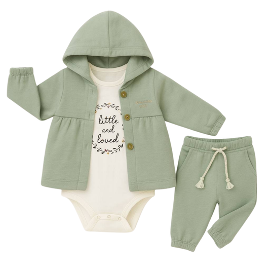 2815 3-Piece Warm Set for Baby Girls — Fleece-Lined Hooded Button Jacket, Fleece-Lined Pants & 100% Cotton Bodysuit | 6–24 Months | Turkey