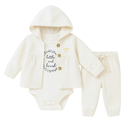 2815 3-Piece Warm Set for Baby Girls — Fleece-Lined Hooded Button Jacket, Fleece-Lined Pants & 100% Cotton Bodysuit | 6–24 Months | Turkey