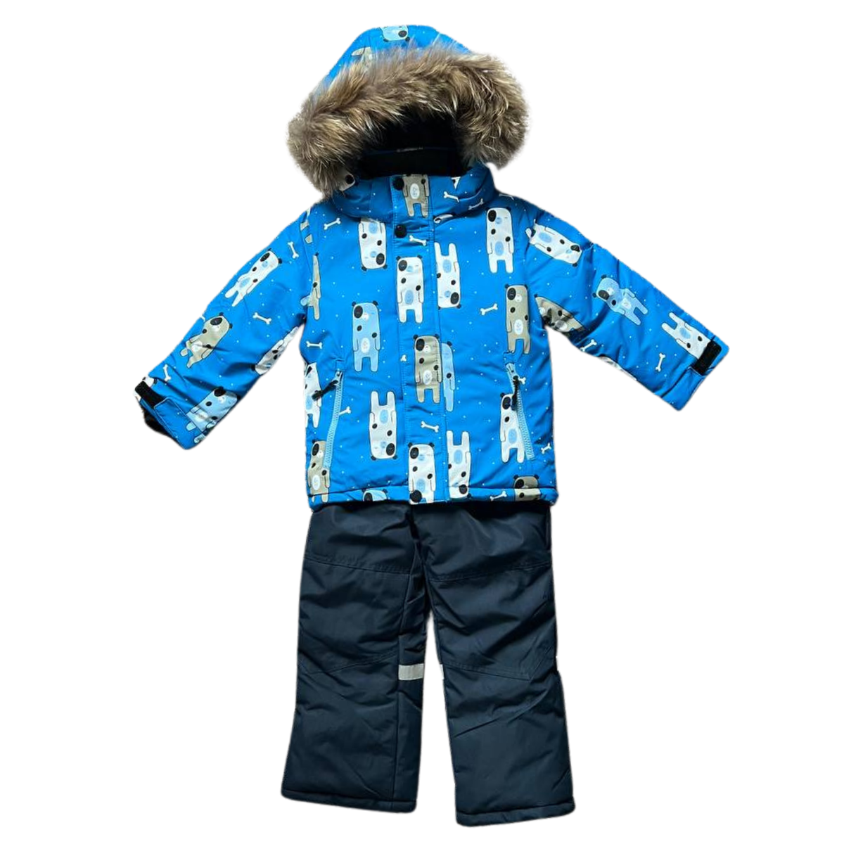 513 Winter Membrane Set for Boys with Natural Fur Hood (Jacket + Snow Bib Pants) | Bear Print Design | 92–116 cm (2–6 Years) | Up to −30°C (−22°F)