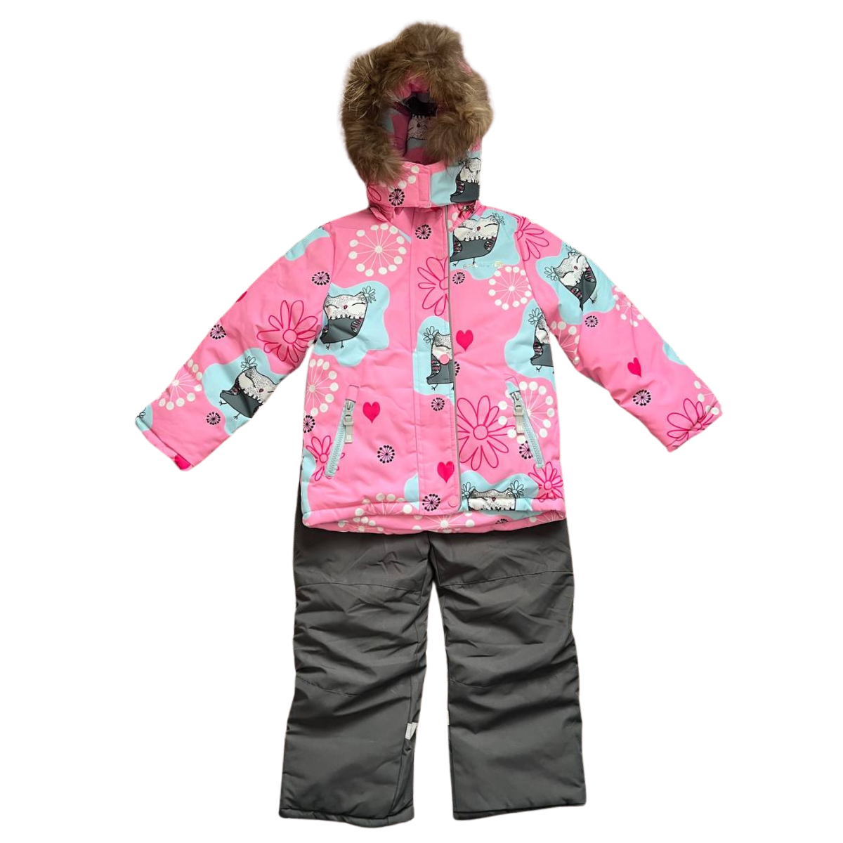 2241 Winter Membrane Set for Girls with Natural Fur Hood (Jacket + Snow Bib Pants) | Pink Owls Design | Sizes 98 & 110 (3 & 5 Years) | Up to −30°C (−22°F)