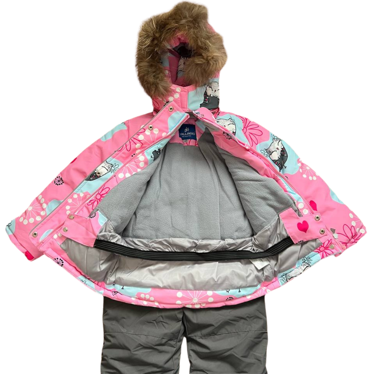 2241 Winter Membrane Set for Girls with Natural Fur Hood (Jacket + Snow Bib Pants) | Pink Owls Design | Sizes 98 & 110 (3 & 5 Years) | Up to −30°C (−22°F)