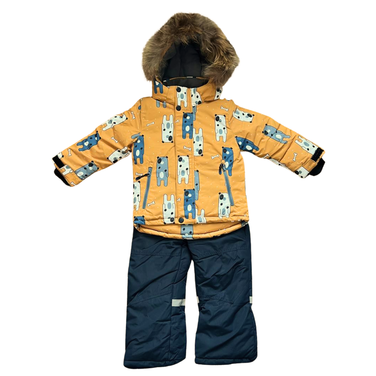 513 Winter Membrane Set for Boys with Natural Fur Hood (Jacket + Snow Bib Pants) | Bear Print Design | 92–116 cm (2–6 Years) | Up to −30°C (−22°F)