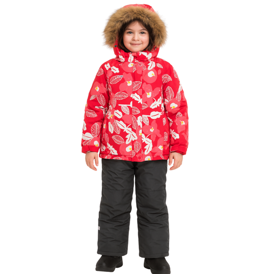 2222 Winter Membrane Set for Girls with Natural Fur Hood (Jacket + Snow Bib Pants) | Leaf Design | Sizes 110–134 | Up to −30°C (−22°F)