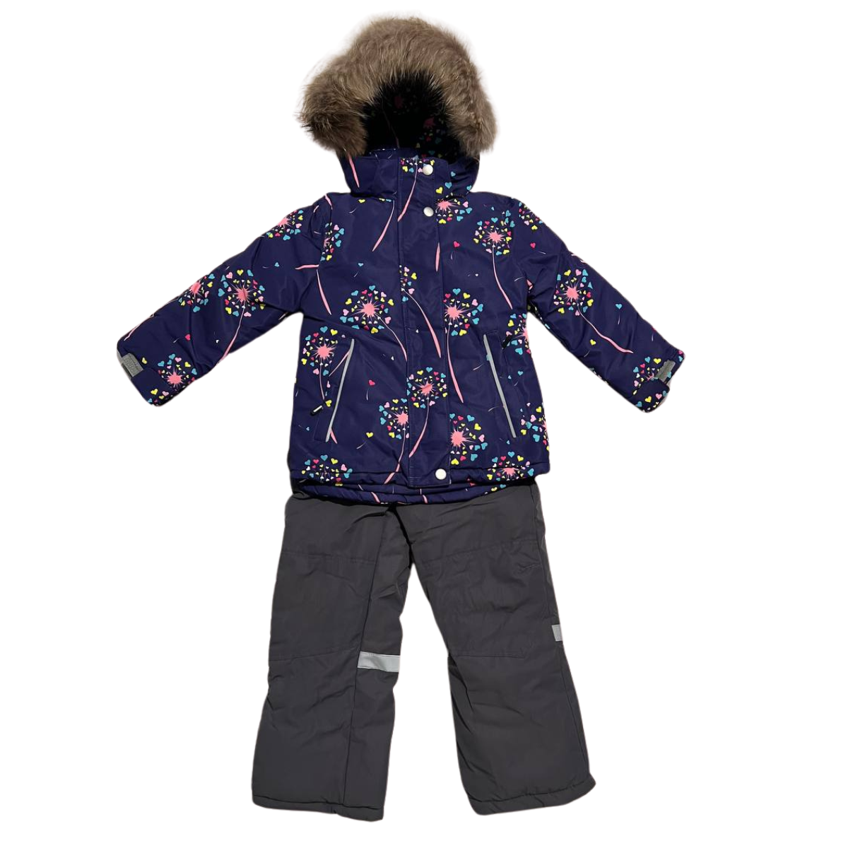 859 Winter Membrane Set for Girls with Natural Fur Hood (Jacket + Snow Bib Pants) | Dandelion Print Design | Sizes 110–134 (5–9 Years) | Up to −30°C (−22°F)