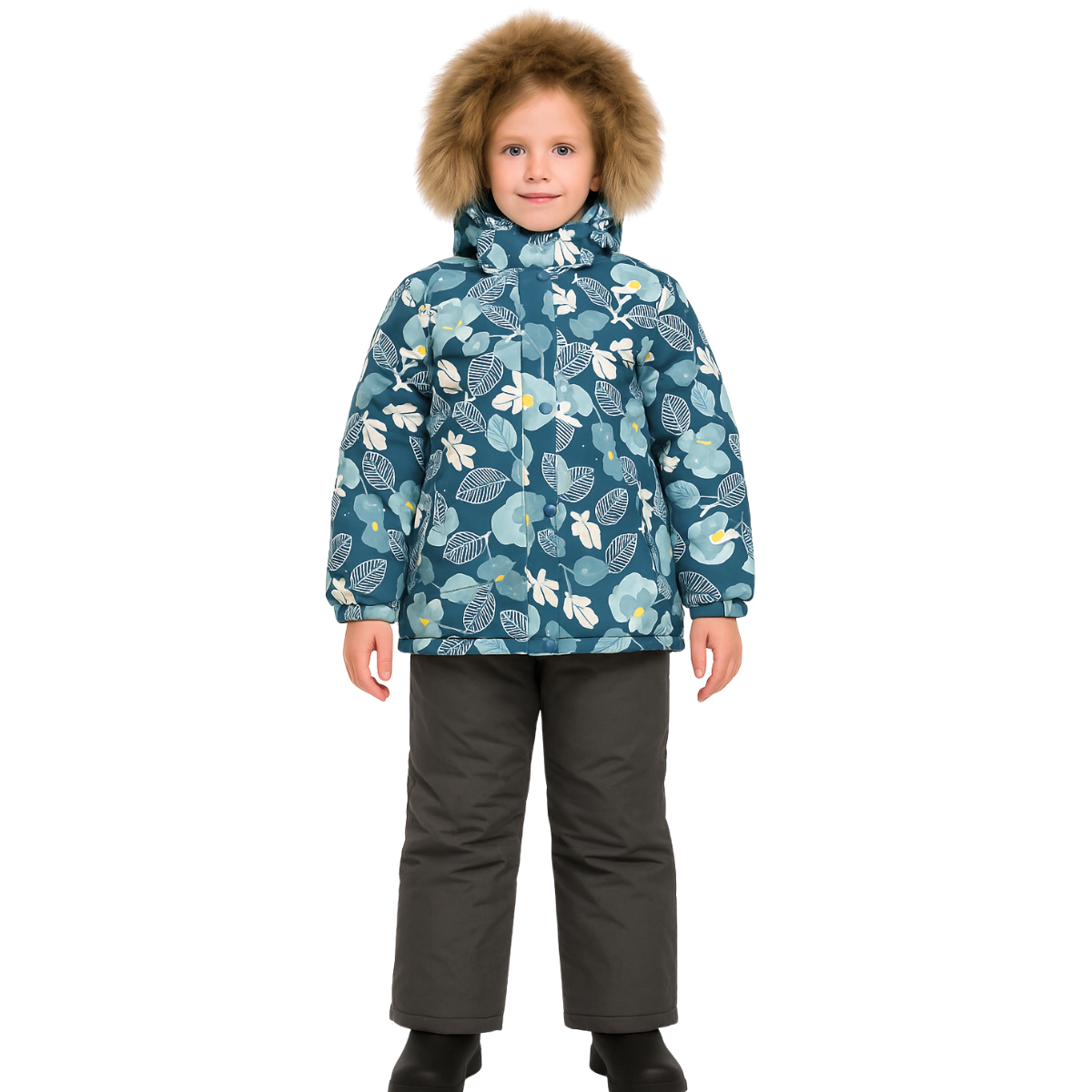2222 Winter Membrane Set for Girls with Natural Fur Hood (Jacket + Snow Bib Pants) | Leaf Design | Sizes 110–134 | Up to −30°C (−22°F)