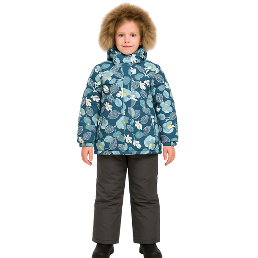 2222 Winter Membrane Set for Girls with Natural Fur Hood (Jacket + Snow Bib Pants) | Leaf Design | Sizes 110–134 | Up to −30°C (−22°F)