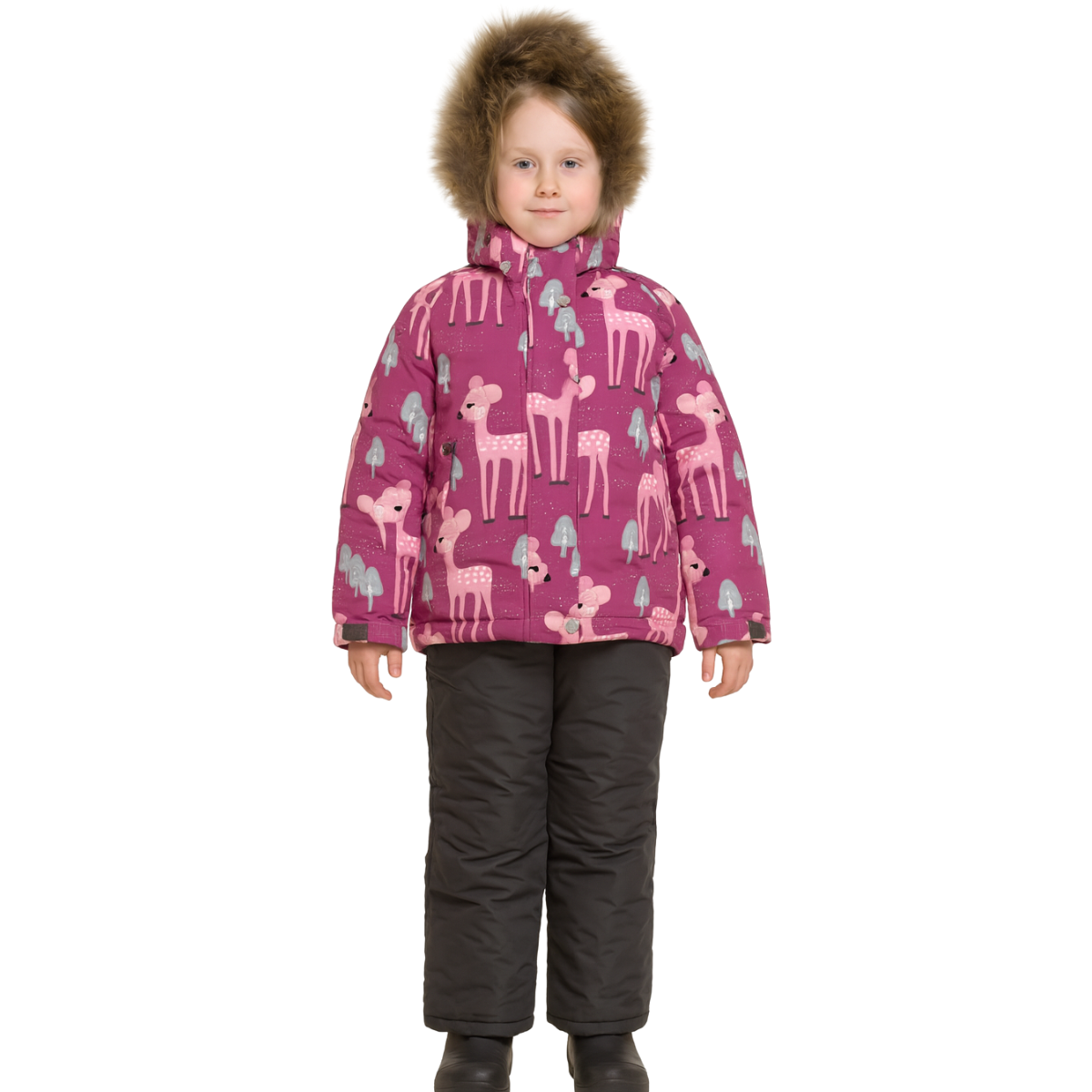 850 Winter Membrane Set for Girls with Natural Fur Hood (Jacket + Snow Bib Pants) | Deer Print Design | Sizes 122–146 (6–11 Years) | Up to −30°C (−22°F)