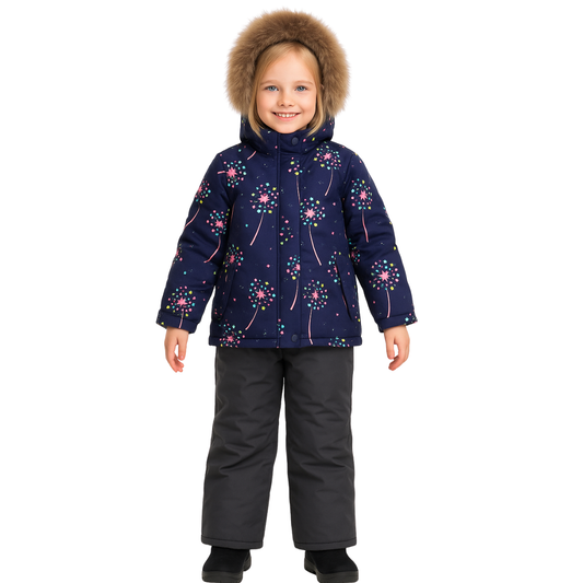 859 Winter Membrane Set for Girls with Natural Fur Hood (Jacket + Snow Bib Pants) | Dandelion Print Design | Sizes 110–134 (5–9 Years) | Up to −30°C (−22°F)