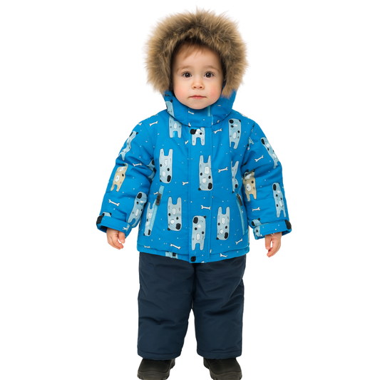 513 Winter Membrane Set for Boys with Natural Fur Hood (Jacket + Snow Bib Pants) | Bear Print Design | 92–116 cm (2–6 Years) | Up to −30°C (−22°F)