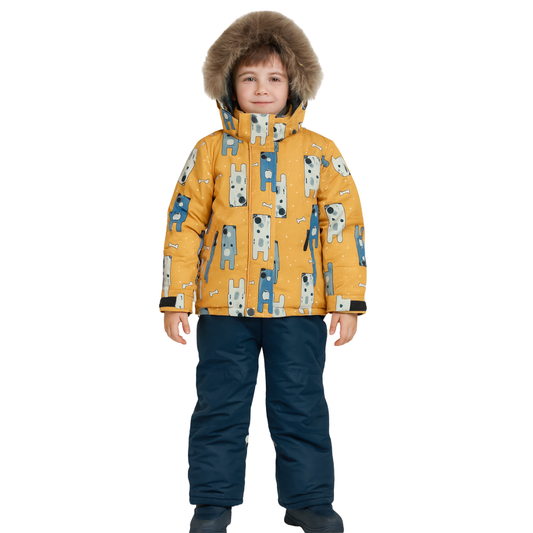 513 Winter Membrane Set for Boys with Natural Fur Hood (Jacket + Snow Bib Pants) | Bear Print Design | 92–116 cm (2–6 Years) | Up to −30°C (−22°F)