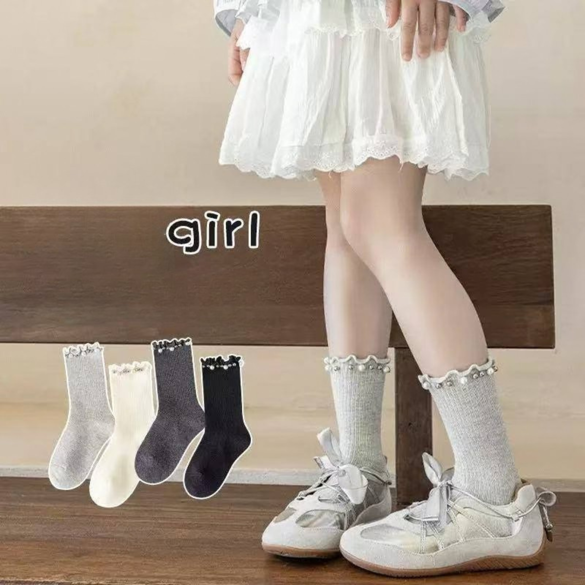 31701 Girls Cotton Socks | Pearl Trim Design | Spring / Fall & All-Season | Single Pair | Ages 2–12