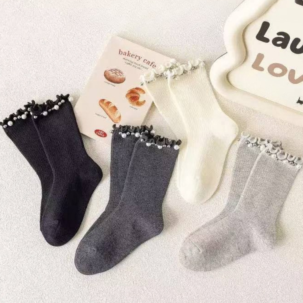 31701 Girls Cotton Socks | Pearl Trim Design | Spring / Fall & All-Season | Single Pair | Ages 2–12