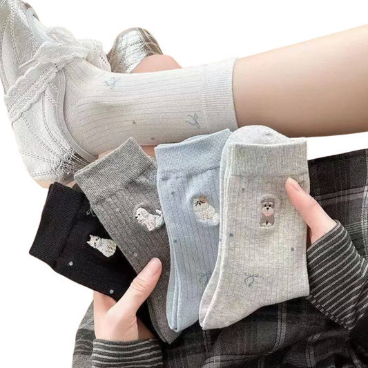 3001 🐱🐶 Cat & Puppy Rib Cotton Socks for Teens & Adults | Korean Design & Technology | 1 Pair or 5-Pair Multicolor Pack (1 Each Color) | Spring/Fall & All-Season | EU 35–40 (US 5–9)