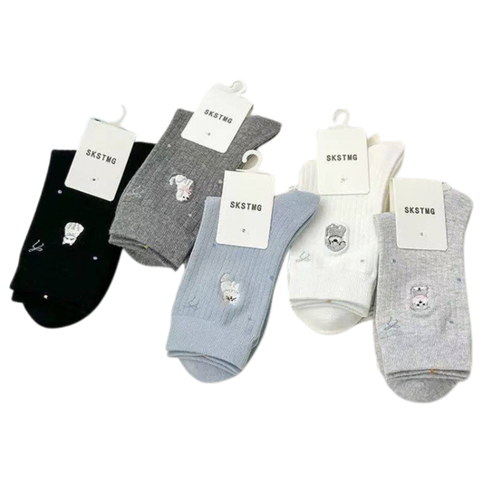 3001 🐱🐶 Cat & Puppy Rib Cotton Socks for Teens & Adults | Korean Design & Technology | 1 Pair or 5-Pair Multicolor Pack (1 Each Color) | Spring/Fall & All-Season | EU 35–40 (US 5–9)