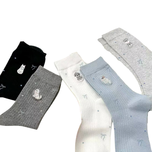 3001 🐱🐶 Cat & Puppy Rib Cotton Socks for Teens & Adults | Korean Design & Technology | 1 Pair or 5-Pair Multicolor Pack (1 Each Color) | Spring/Fall & All-Season | EU 35–40 (US 5–9)