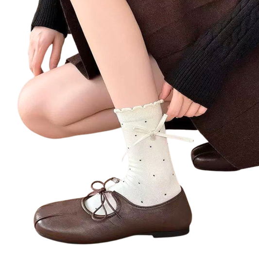 2010 Polka Dot Ribbon Cotton Socks for Teens & Adults | Korean Design & Technology | Elegant Bow Detail | 1 Pair or 4-Color Multicolor Pack | Spring & Fall Season | EU 35–40 (US 5–9)