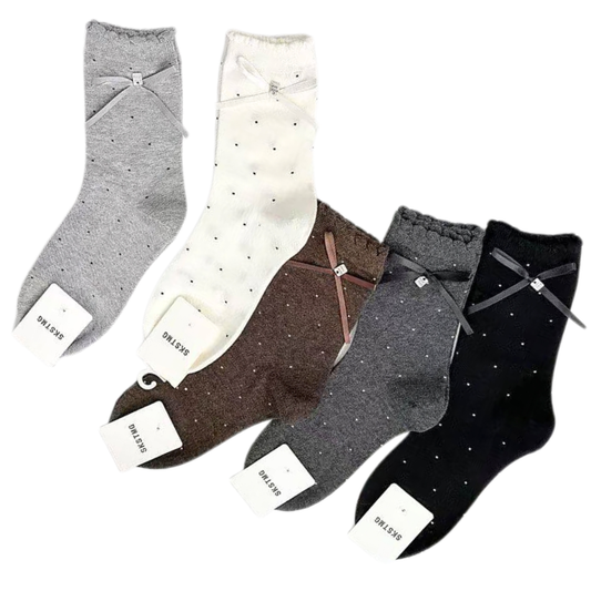 2010 Polka Dot Ribbon Cotton Socks for Teens & Adults | Korean Design & Technology | Elegant Bow Detail | 1 Pair or 4-Color Multicolor Pack | Spring & Fall Season | EU 35–40 (US 5–9)