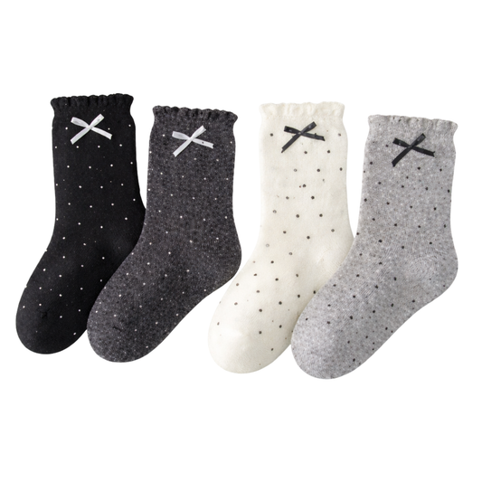 42652 Girls Cotton Polka Dot Bow Socks | 4 Pairs Assorted Color Set | Breathable & Durable Cotton | Spring/Fall | Kids Sizes 3–12 Years